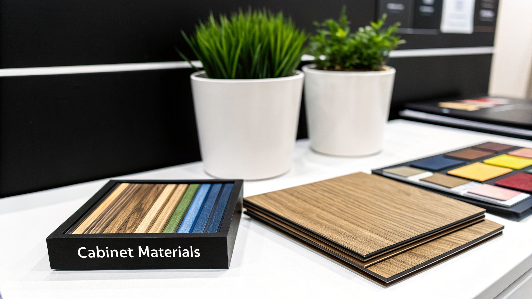 Cabinet material samples, including various wood grains and colorful texture swatches, displayed on a table.