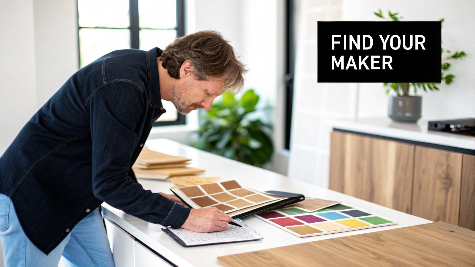 Professional designer reviewing material samples and color palettes for custom cabinet design project
