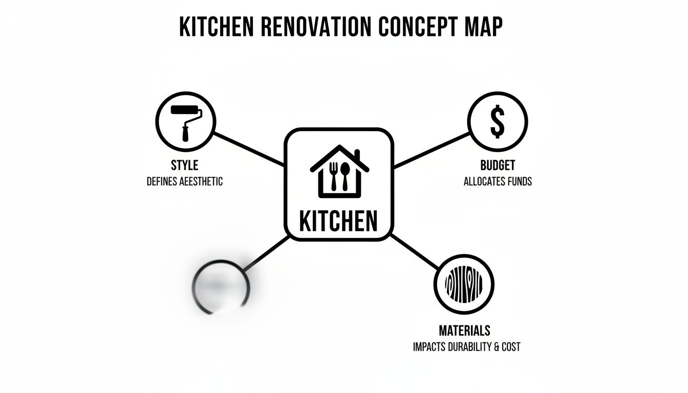 A concept map illustrating kitchen renovation considerations, including style, budget, and materials, centered around the kitchen.