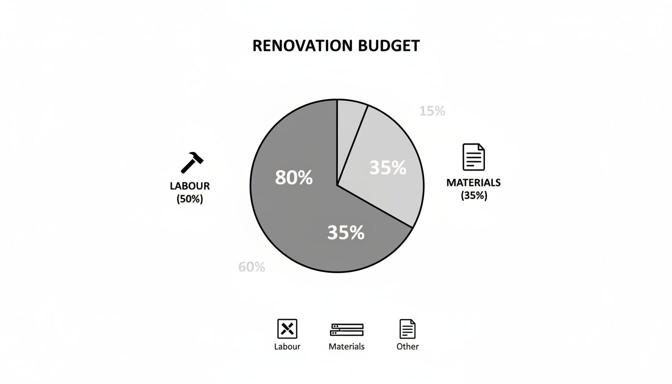 A pie chart titled "Renovation Budget" showing the cost distribution for Labour, Materials, and Other expenses.