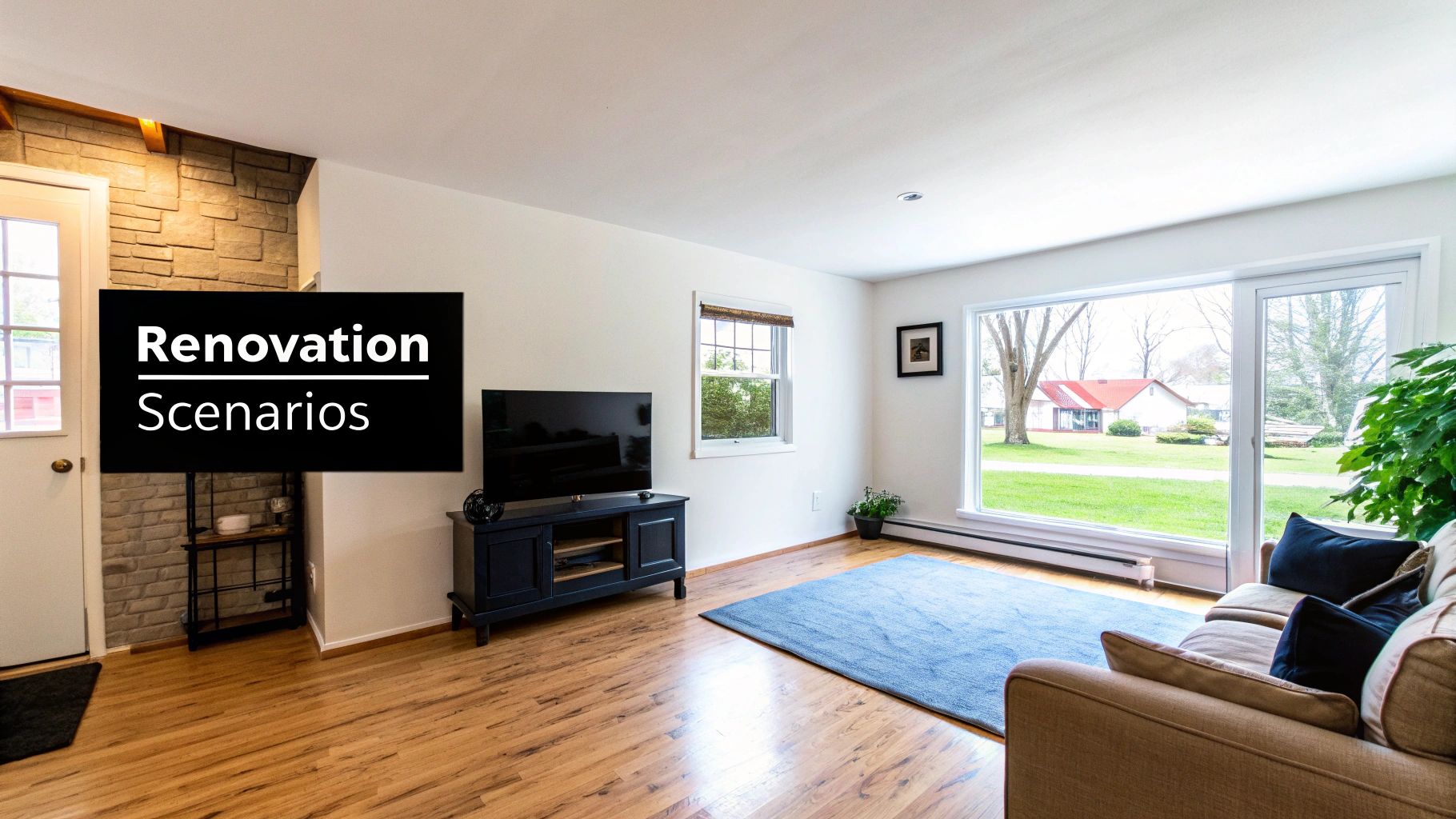 A bright living room with hardwood floors, a large window, a sofa, and a TV, displaying renovation scenarios.