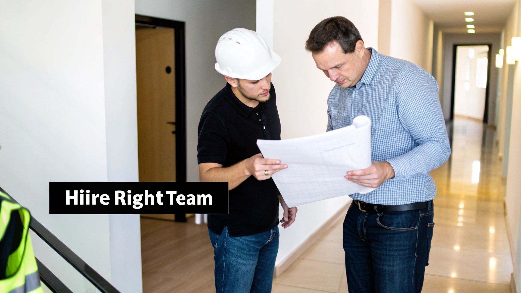 Two men, one in a hard hat, review construction blueprints in a modern building hallway, symbolizing teamwork.