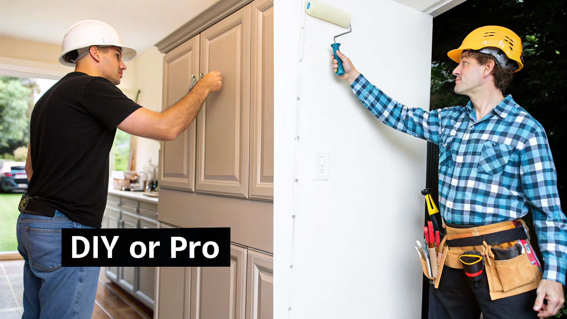 Two men working on home improvement projects, one installing a cabinet handle and the other painting a wall.