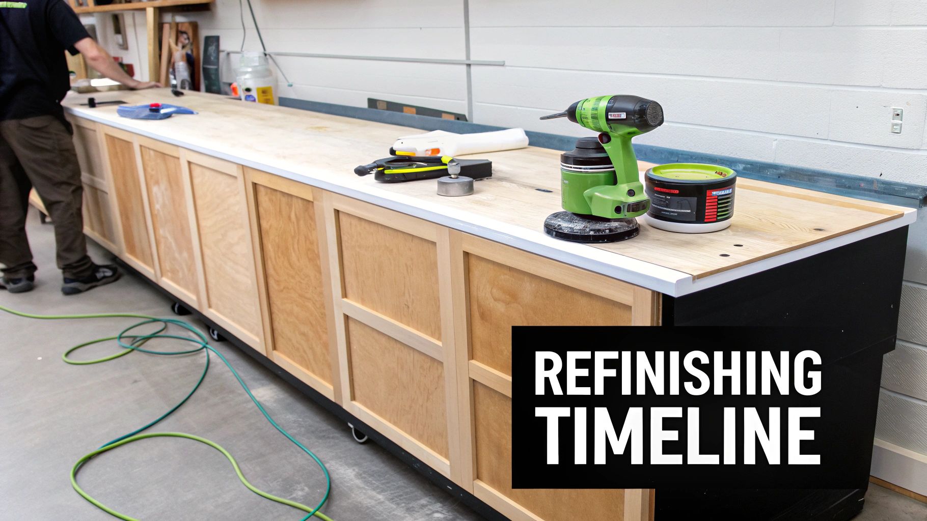 A person works on a long wooden workbench with tools, cabinets, and a 'Refinishing Timeline' sign.