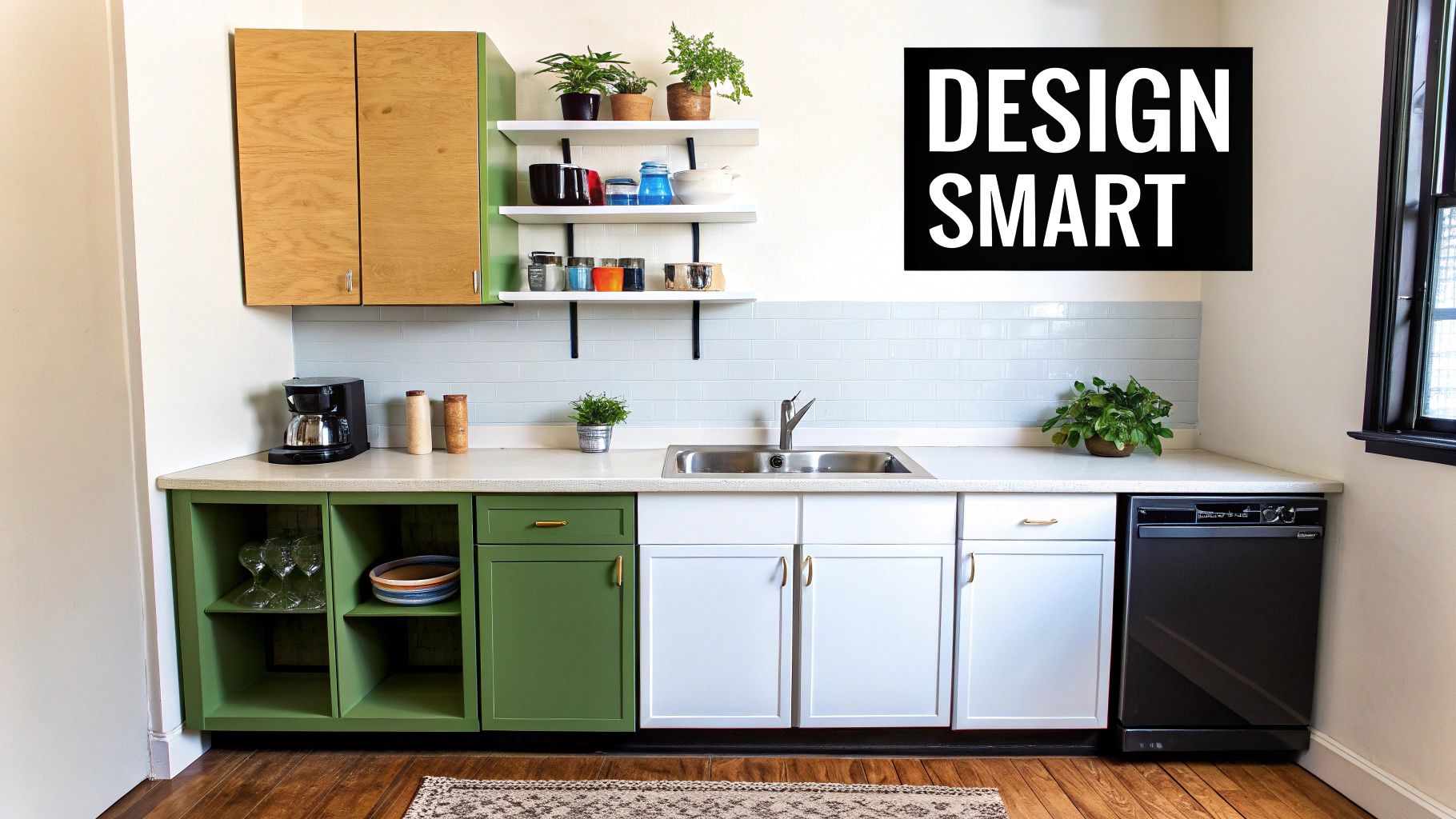 A modern kitchen featuring green and white lower cabinets, a light blue tiled backsplash, a sink, and open shelving with plants and dishes.