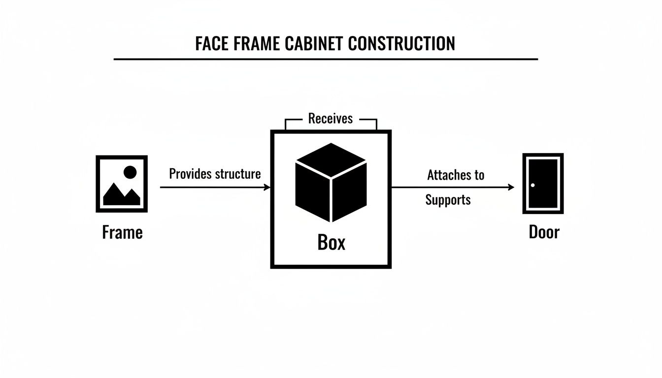 A diagram illustrates face frame cabinet construction, showing how the frame provides structure to the box, which then supports the door.