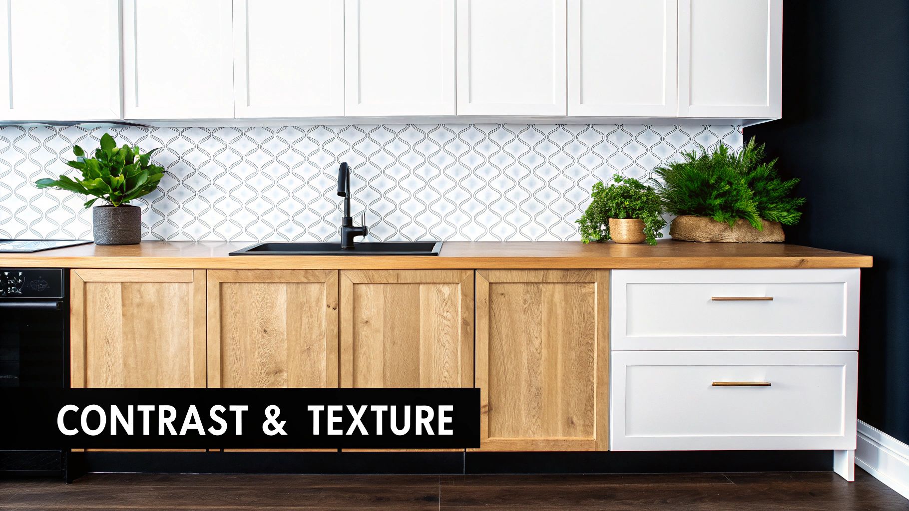 Stylish kitchen featuring white and wood cabinets, a patterned backsplash, a black sink, and green plants.