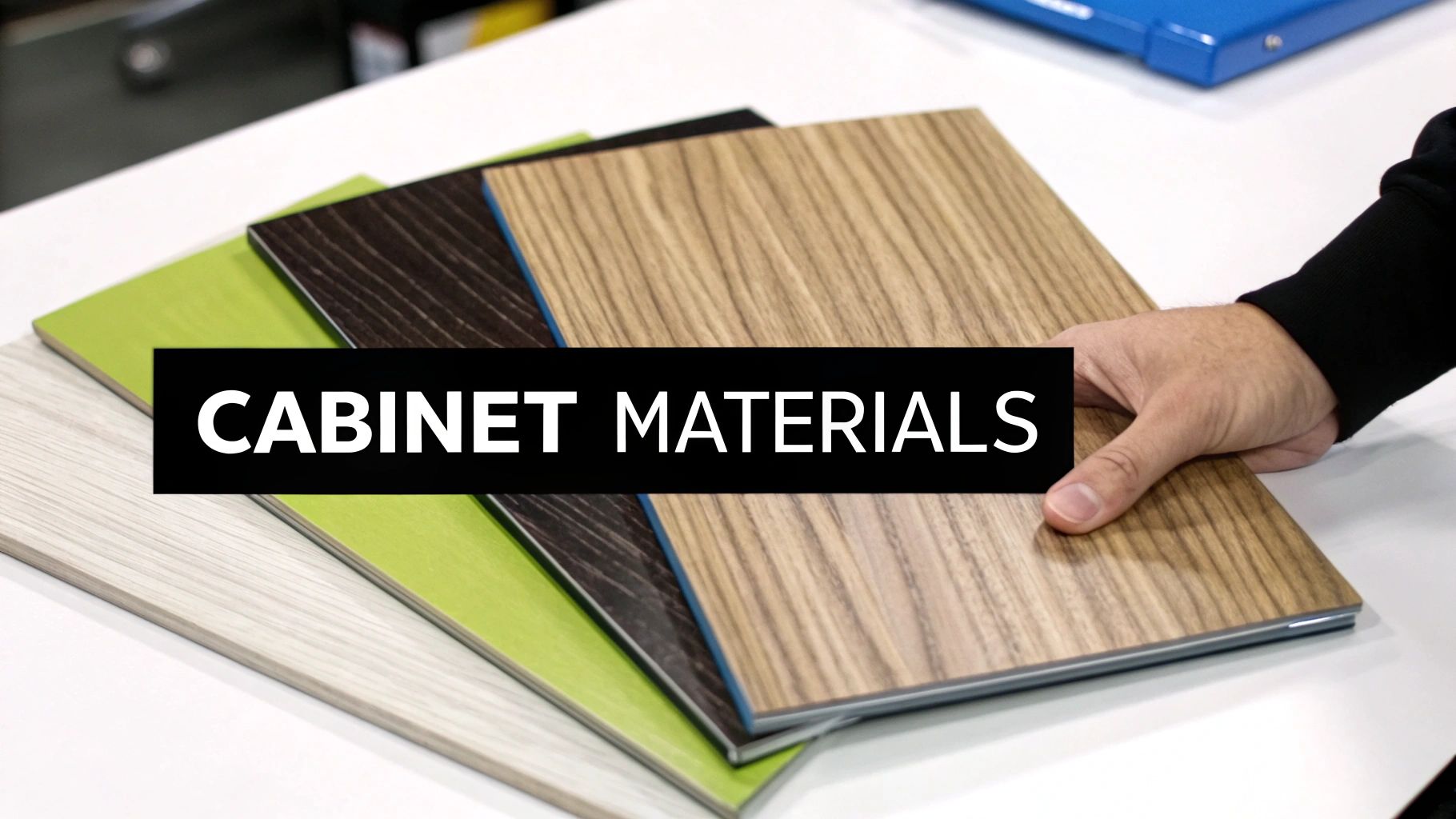 A hand displays multiple cabinet material samples, including various wood grains and a vibrant green.