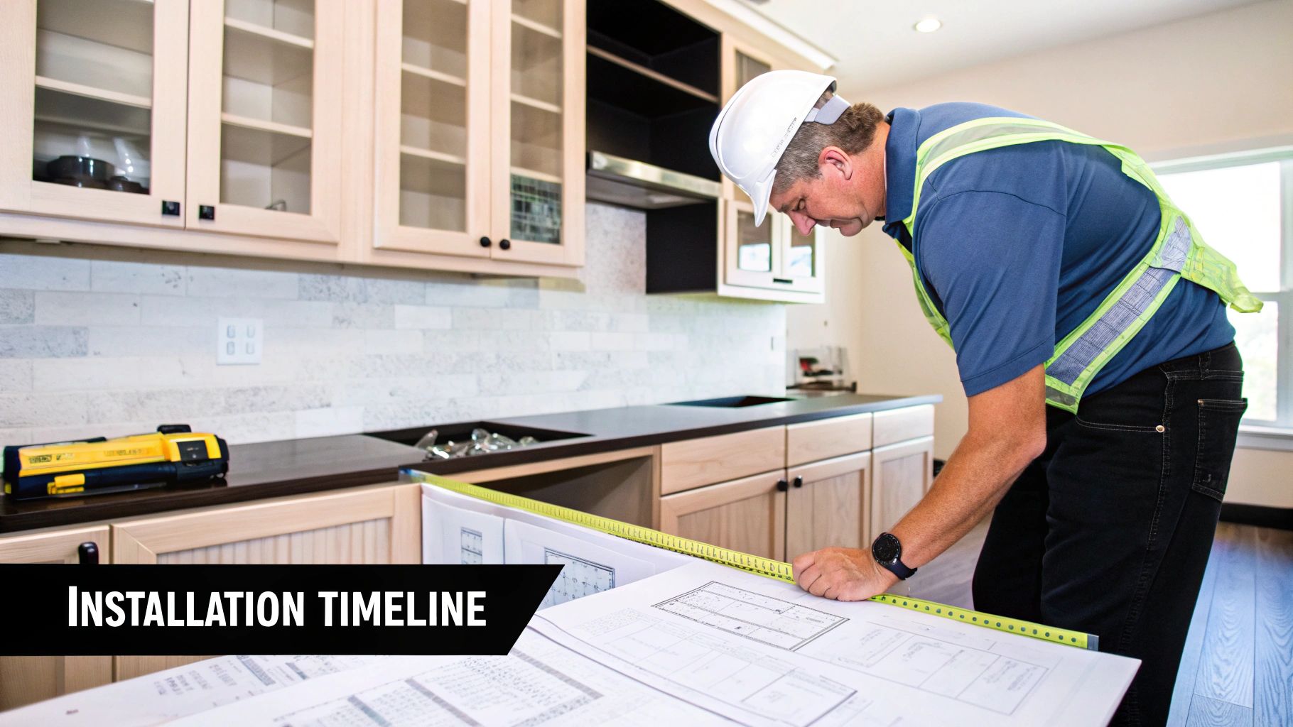 A contractor in a hard hat and safety vest measures kitchen blueprints with a tape measure.