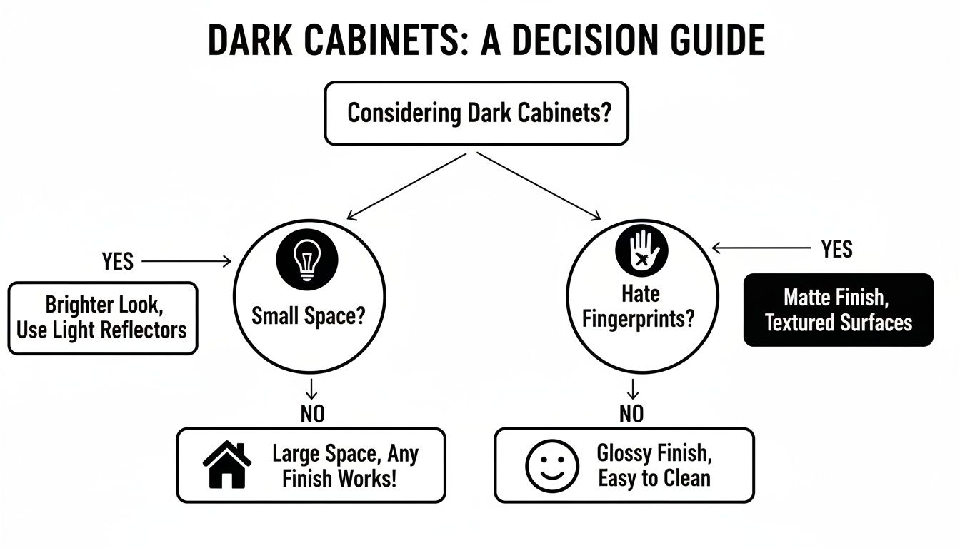 A decision guide infographic helping choose dark cabinet finishes based on space size and fingerprint concerns.
