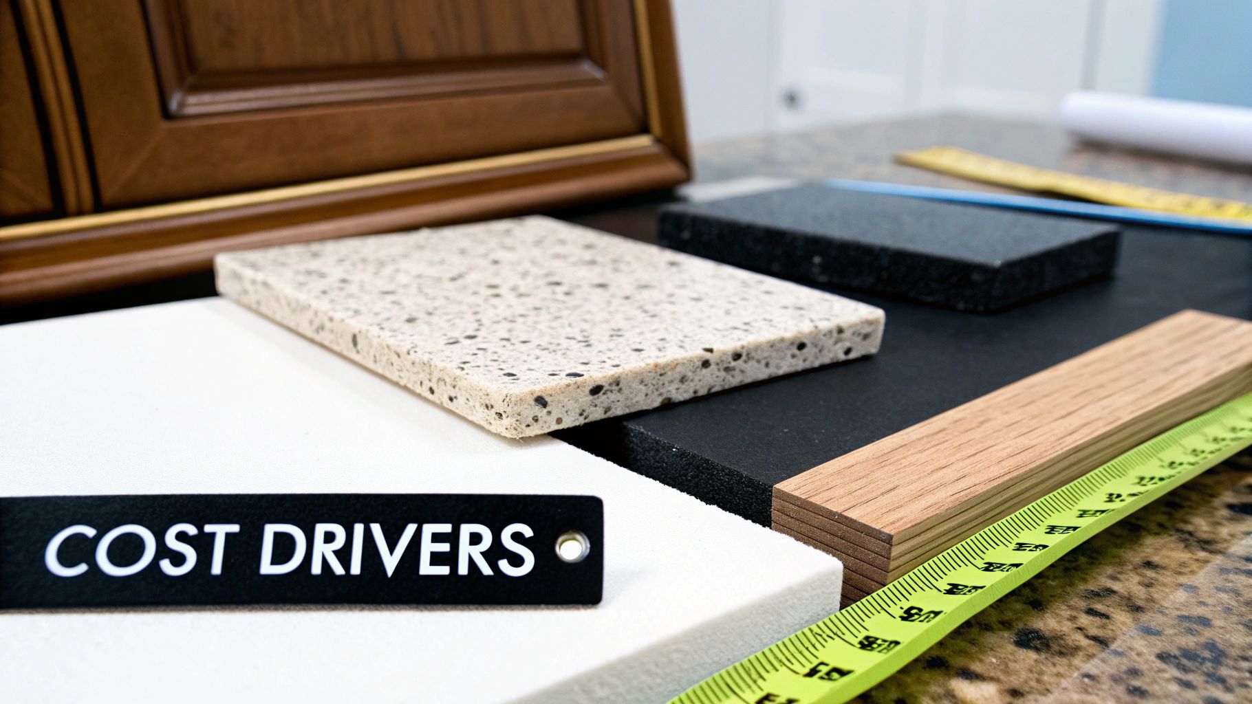 Various kitchen material samples, including wood, white, speckled, and black countertops, and a 'COST DRIVERS' sign.