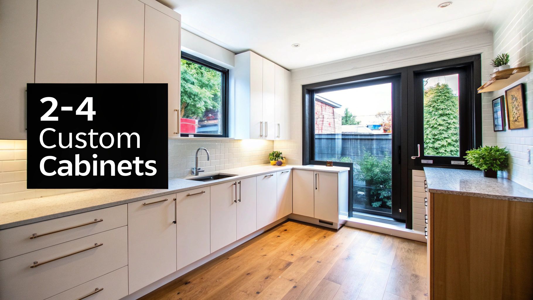 Modern kitchen featuring white custom cabinets, a built-in sink, large windows, and light wood flooring.