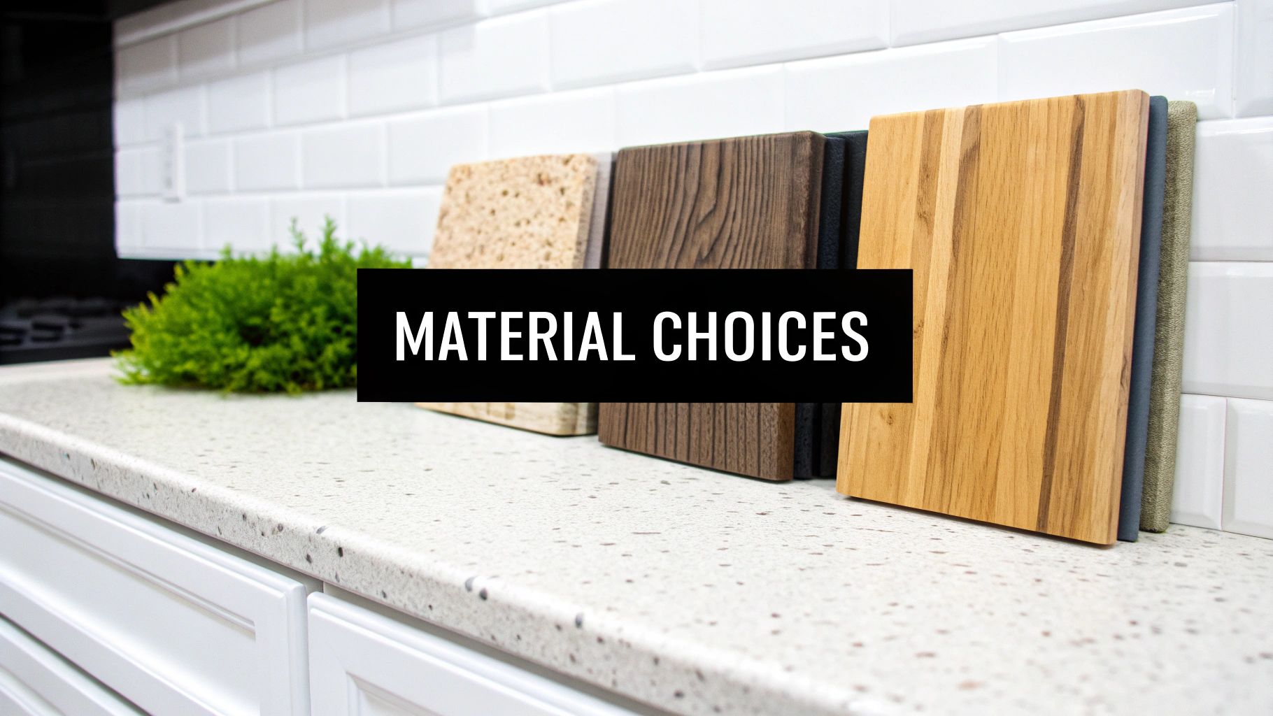 Kitchen countertop with various material samples, including stone and wood, for design choices.