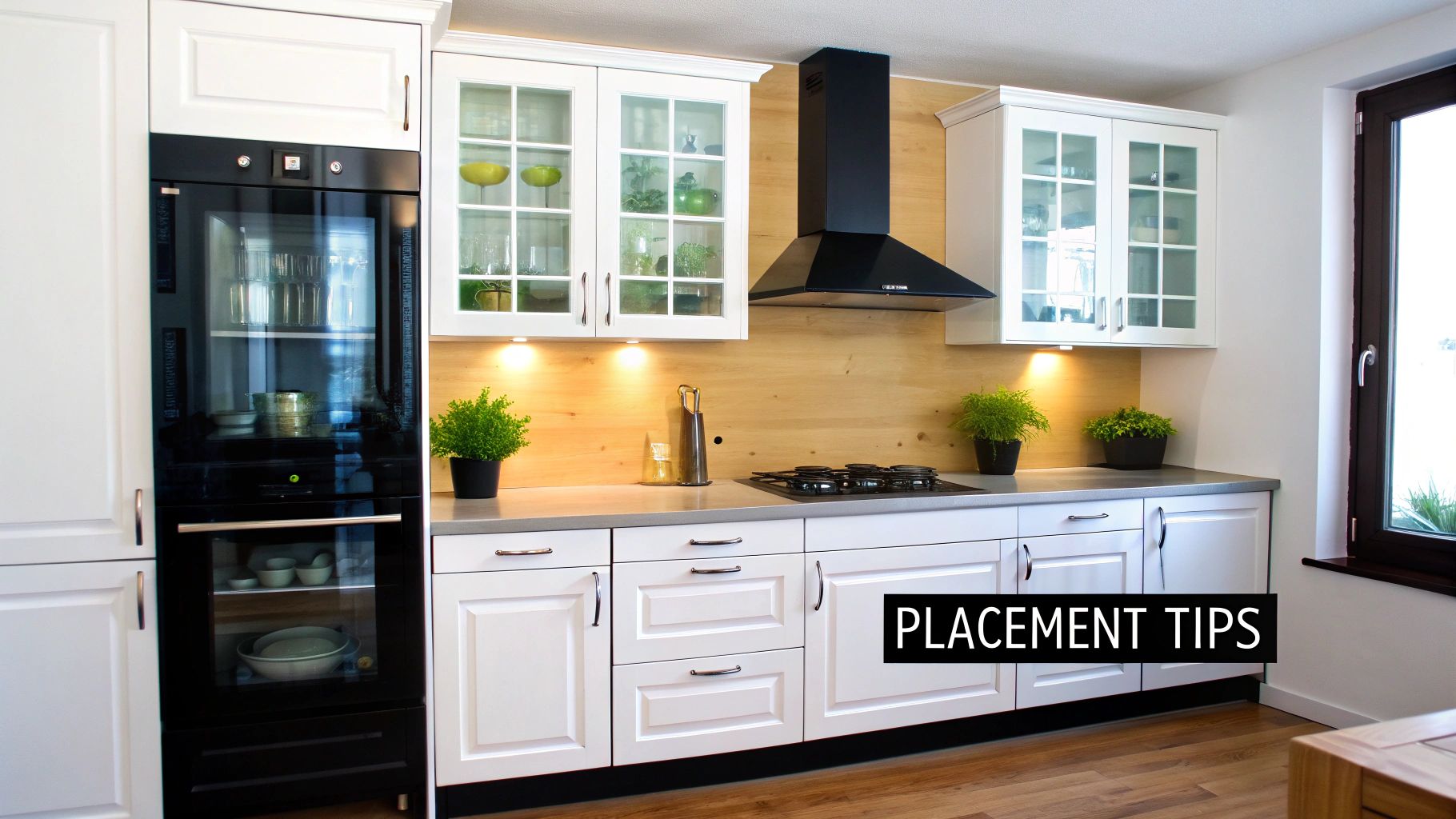 A sleek, modern kitchen with white shaker-style cabinets, glass-doored wall units, and a black oven.
