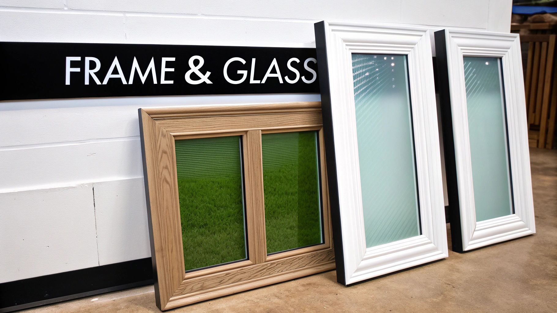 Various window frames and glass panes, including a wooden frame and two white frames, with a 'FRAME & GLASS' sign.