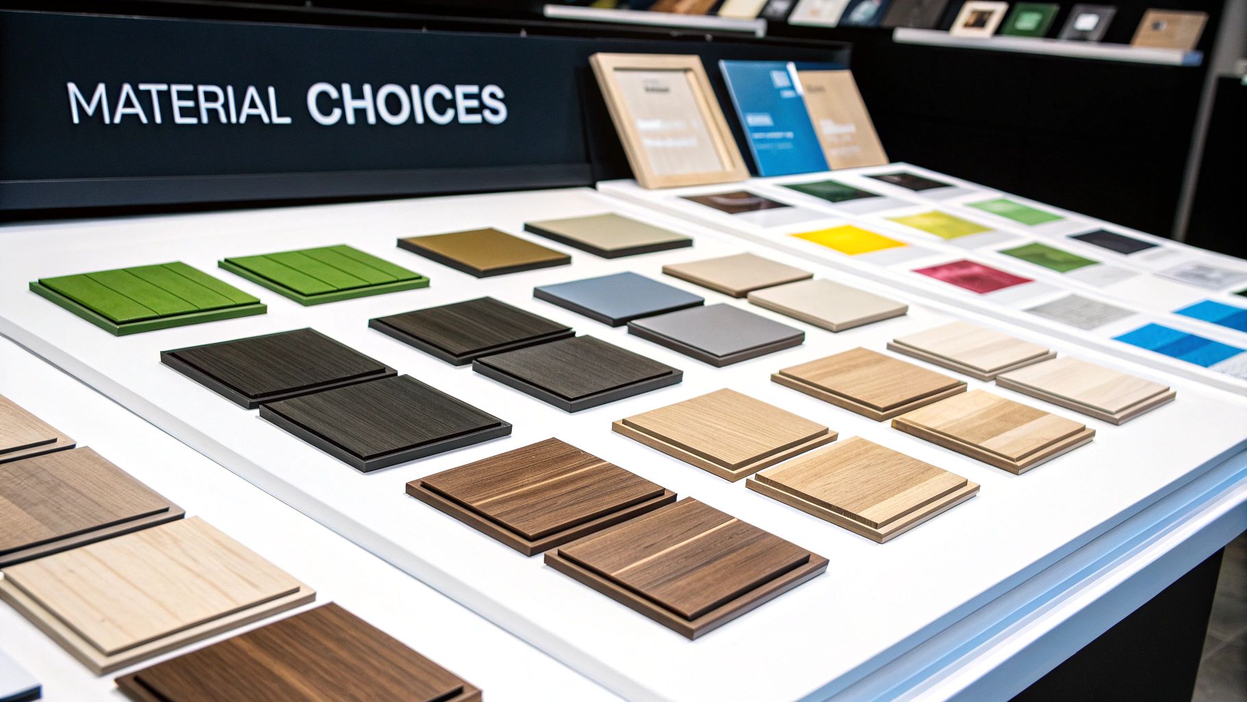 A display of various material samples including wood, green, gray, and other colored squares.