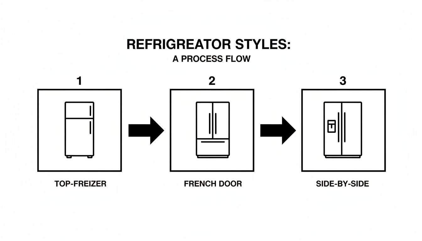 A process flow illustrating three common refrigerator styles: Top-Freezer, French Door, and Side-by-Side.
