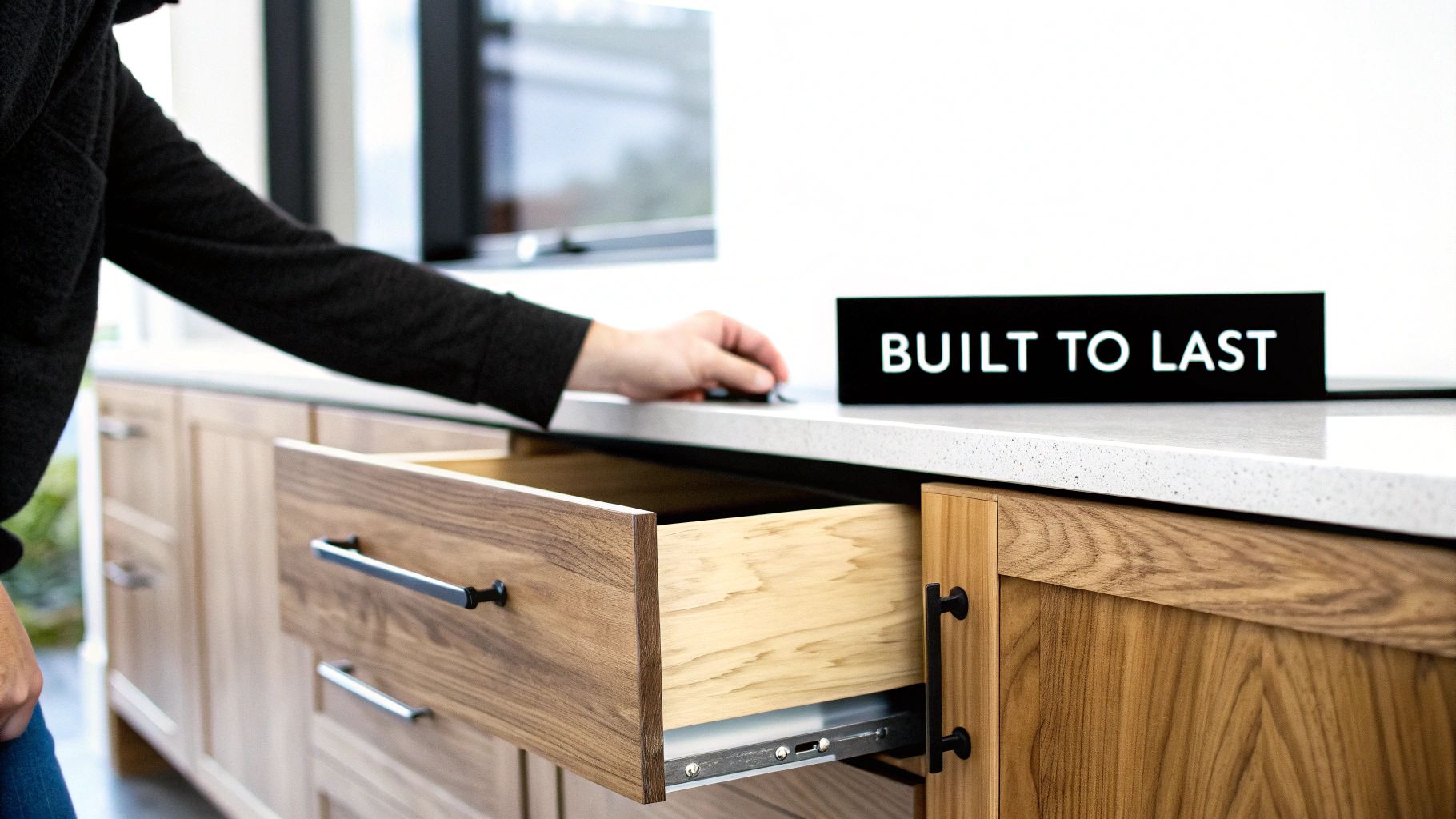 A person opens a sturdy walnut kitchen cabinet drawer featuring black hardware, revealing its light wood interior.