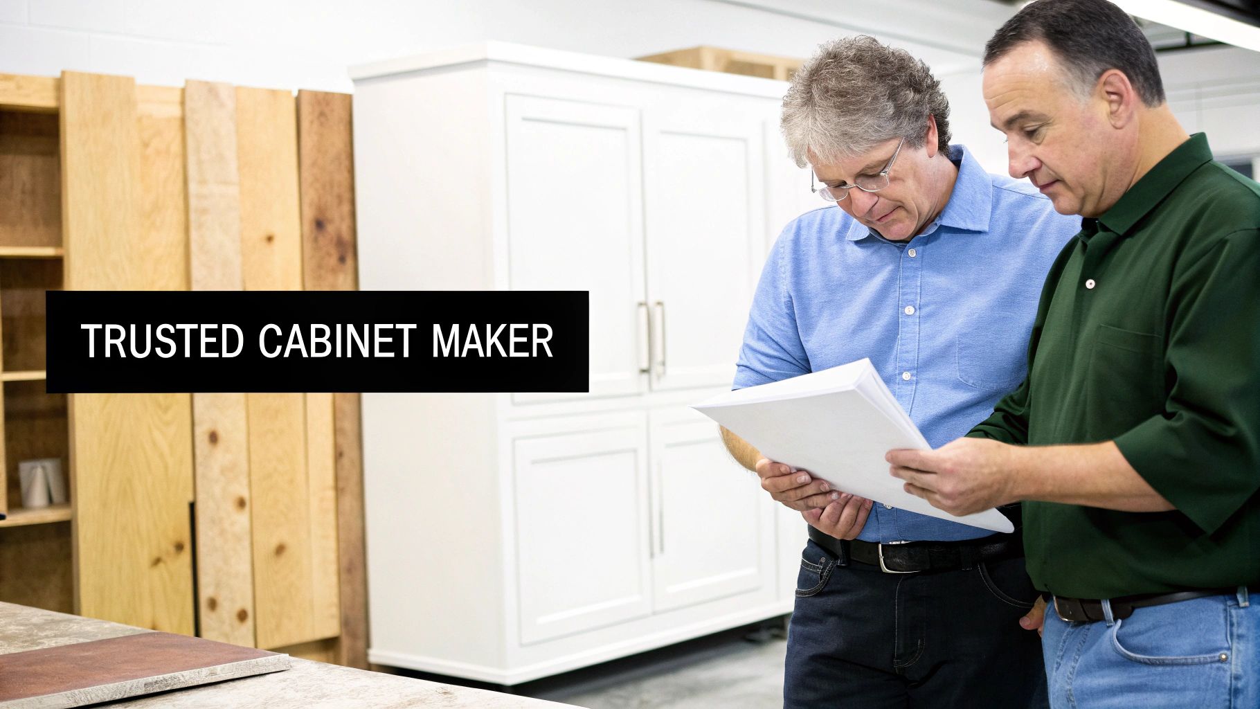 Two trusted cabinet makers review custom cabinet plans in a workshop with white cabinets.