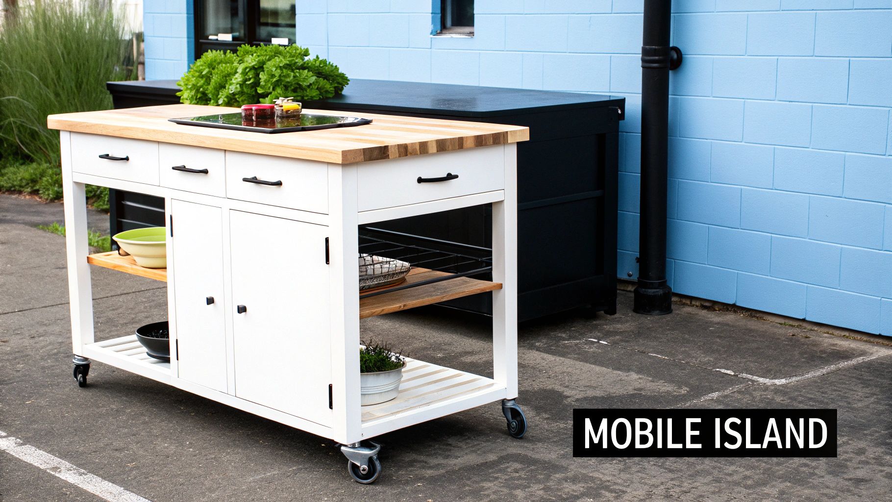 White portable kitchen island with a wooden countertop, drawers, shelves, and cabinets on wheels.