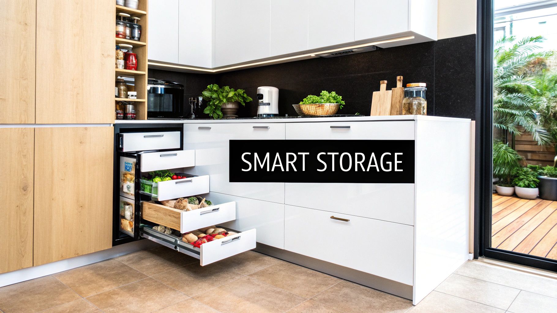 Modern white kitchen cabinet with multiple pull-out drawers showcasing smart storage organization system