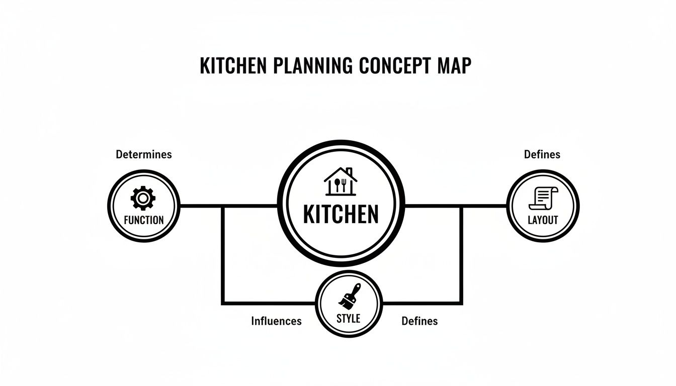 A kitchen planning concept map illustrating the relationships between function, style, layout, and kitchen.
