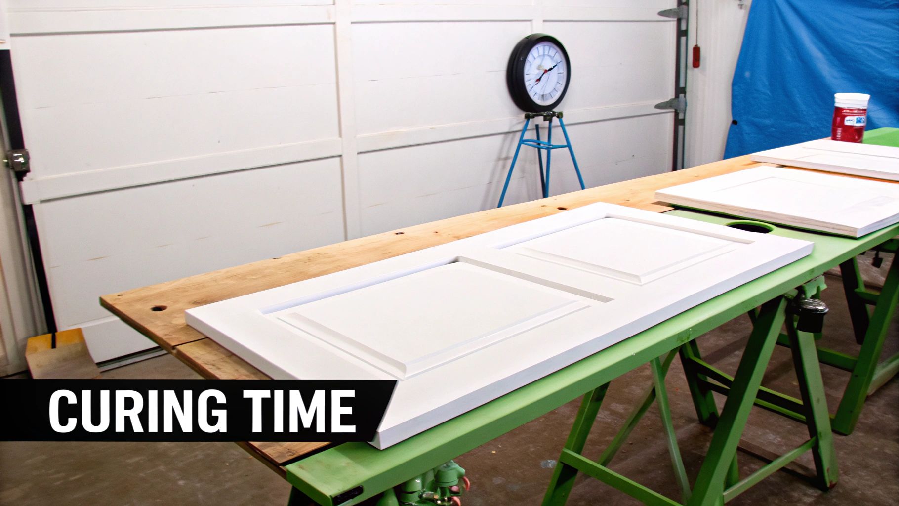 Freshly spray-painted white cabinet doors curing on sawhorses, with a large clock in the background.