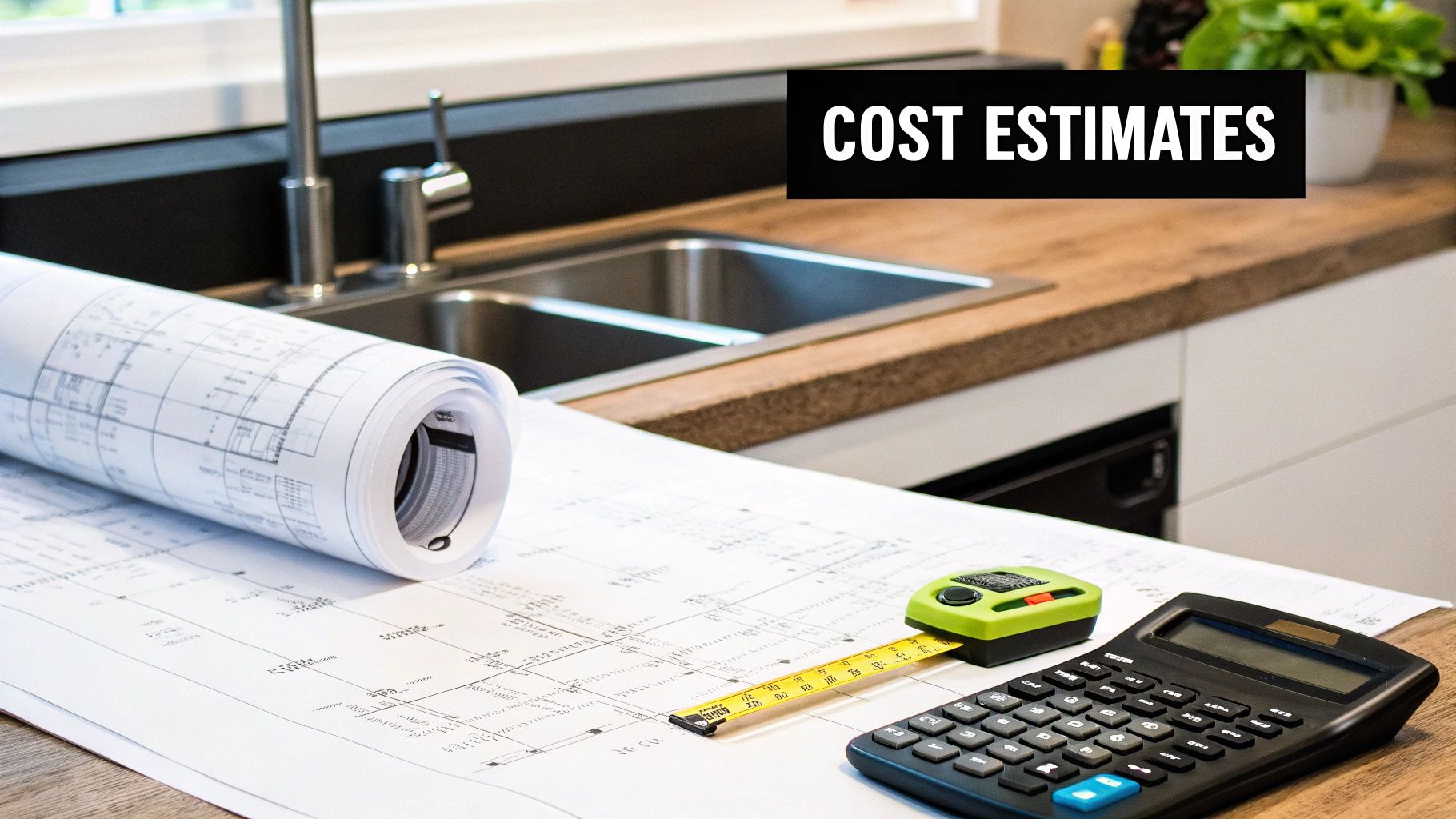 Cost estimates for a kitchen renovation project with blueprints, a tape measure, and a calculator.