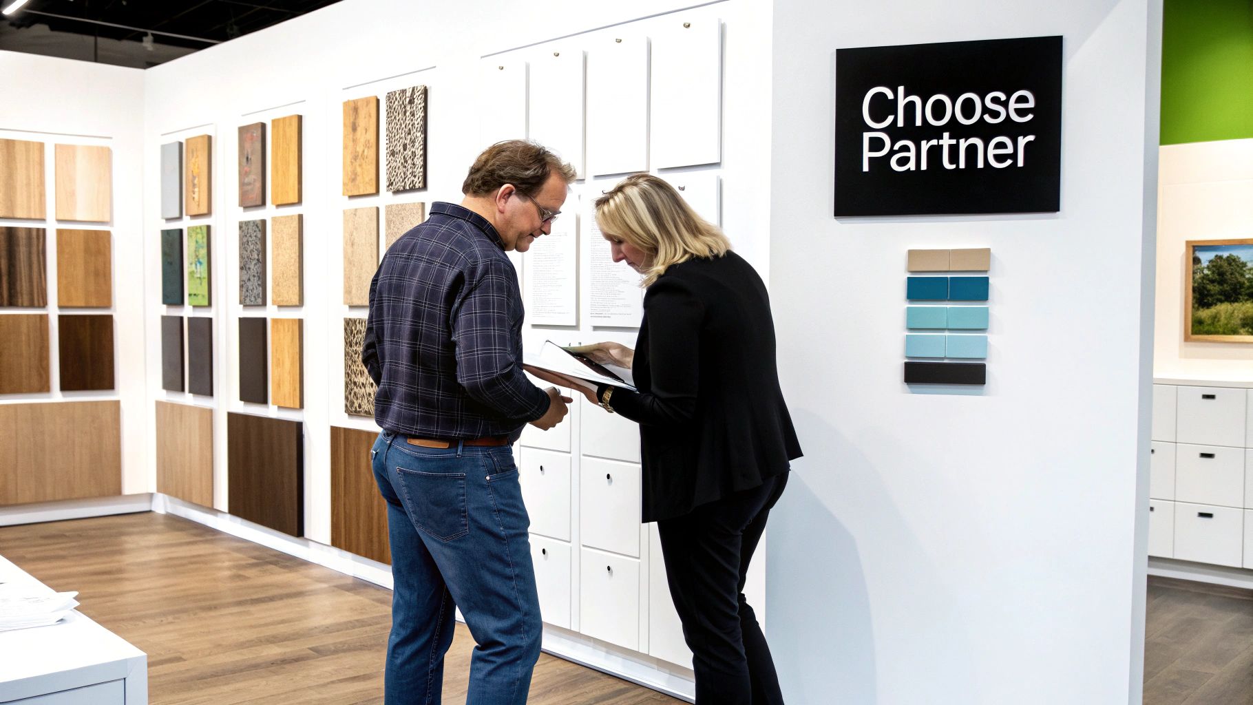 Customers review design options in a kitchen cabinet showroom with various material samples.