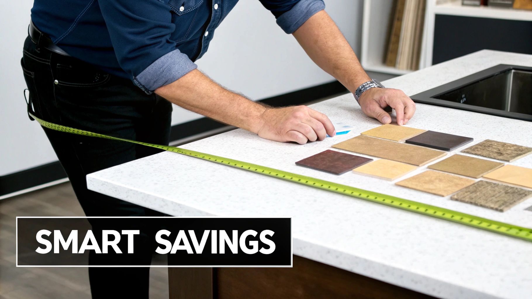 A man measuring a kitchen counter with a tape measure, surrounded by wood and tile samples.