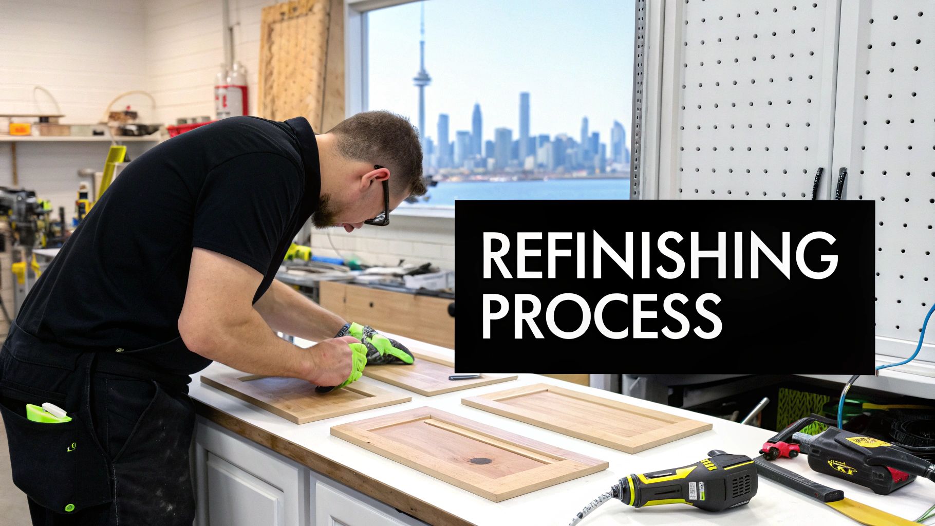 A man in a workshop refinishing wooden kitchen cabinet doors with the Toronto skyline visible.