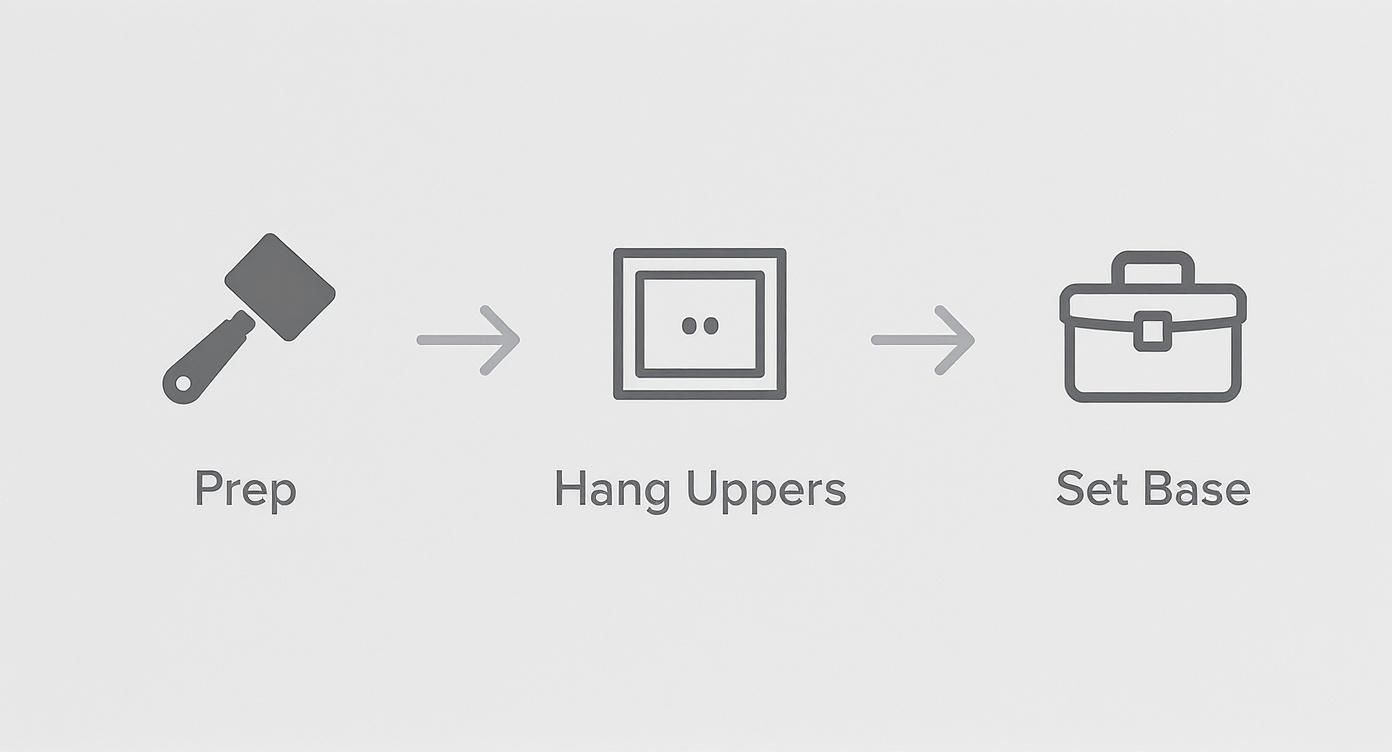 Diagram illustrating a three-step installation process: Prep, Hang Uppers, and Set Base.