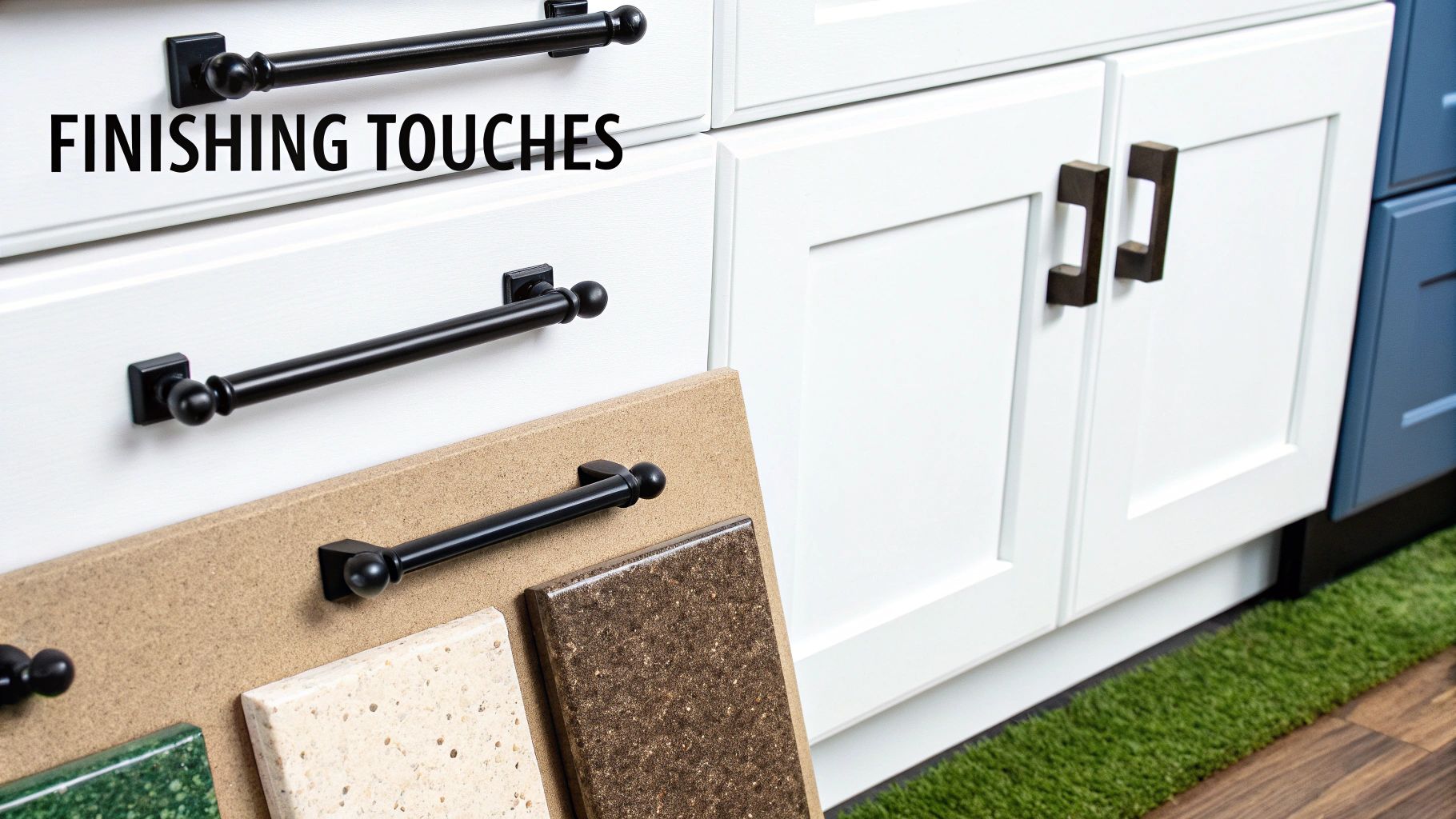 White kitchen cabinets with black pulls and various granite countertop samples for finishing touches.