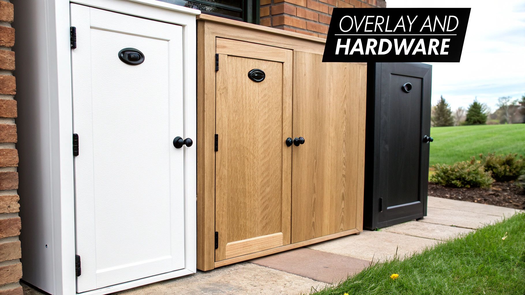 Three outdoor storage cabinets in white, wood, and black, showcasing different door overlays and hardware.