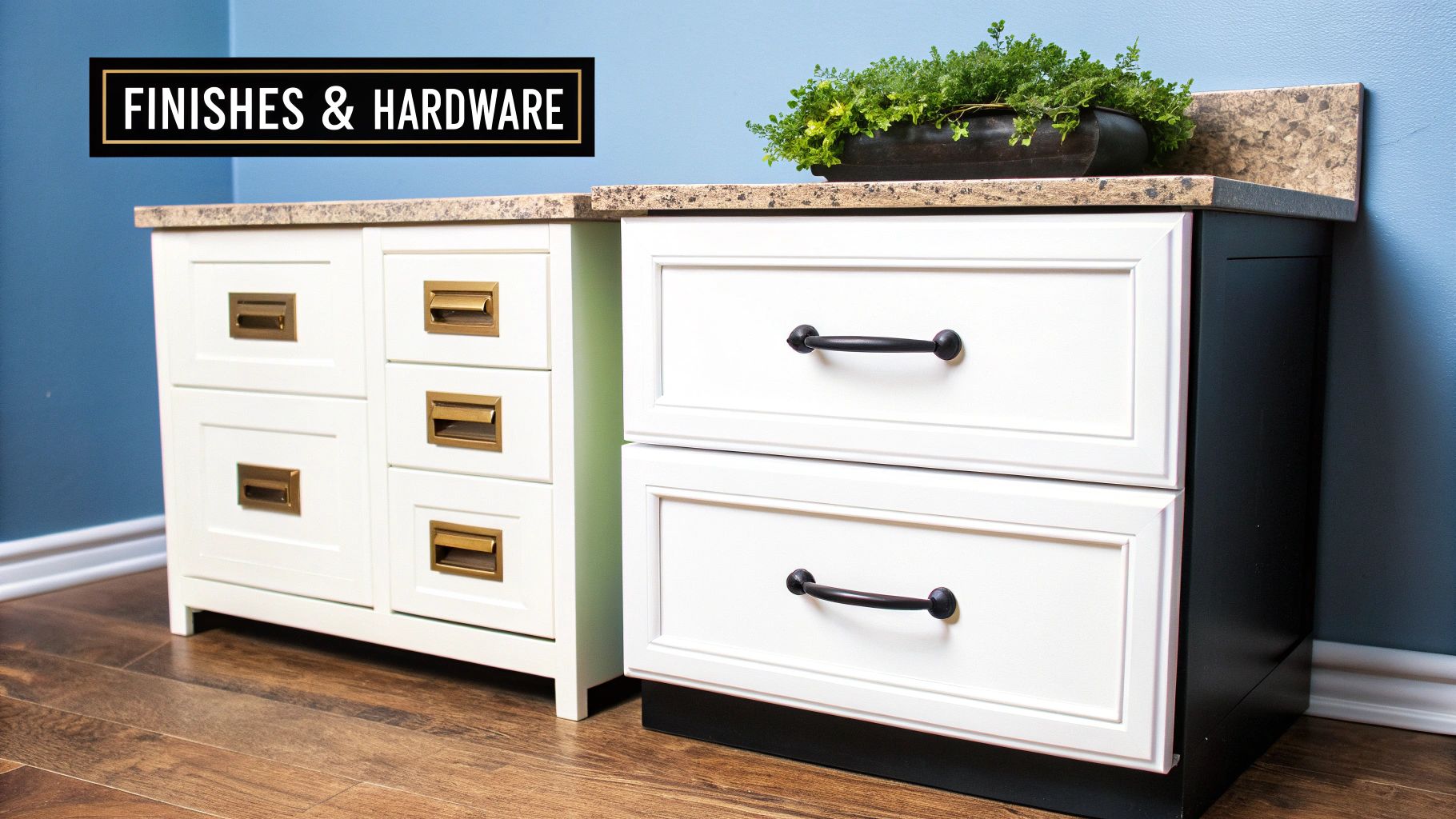 Two white cabinet units showcasing different hardware finishes, including brass pulls and black handles, under a granite countertop.