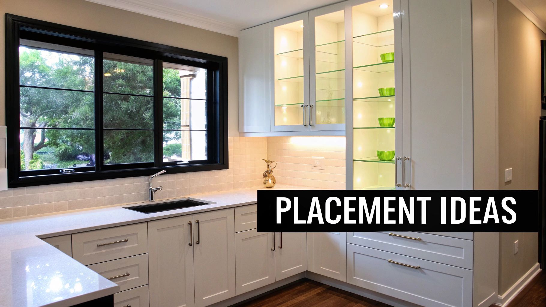 A modern kitchen featuring white shaker cabinets, a black-framed window, and illuminated glass-front upper cabinets with green bowls.
