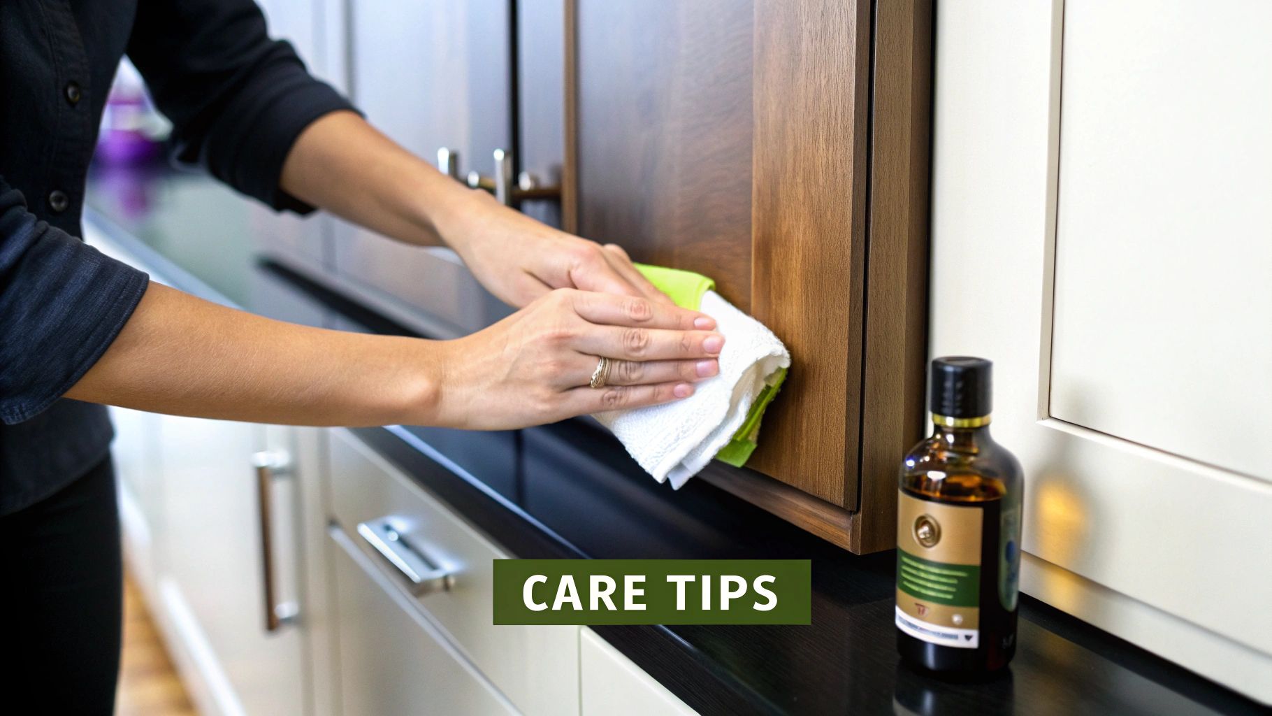 Hands gently wiping a dark wooden kitchen cabinet with a white cloth, demonstrating care tips.