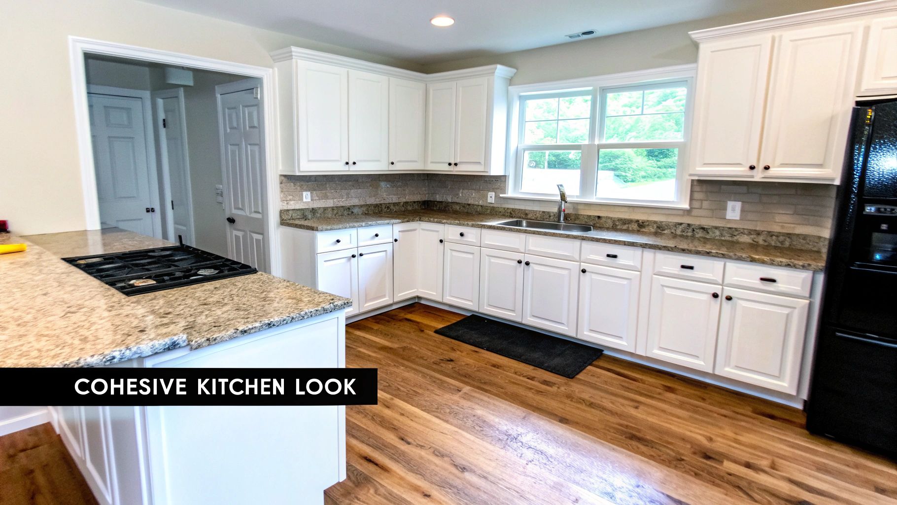 A modern kitchen featuring white shaker cabinets, speckled granite countertops, wood flooring, and a gas cooktop.