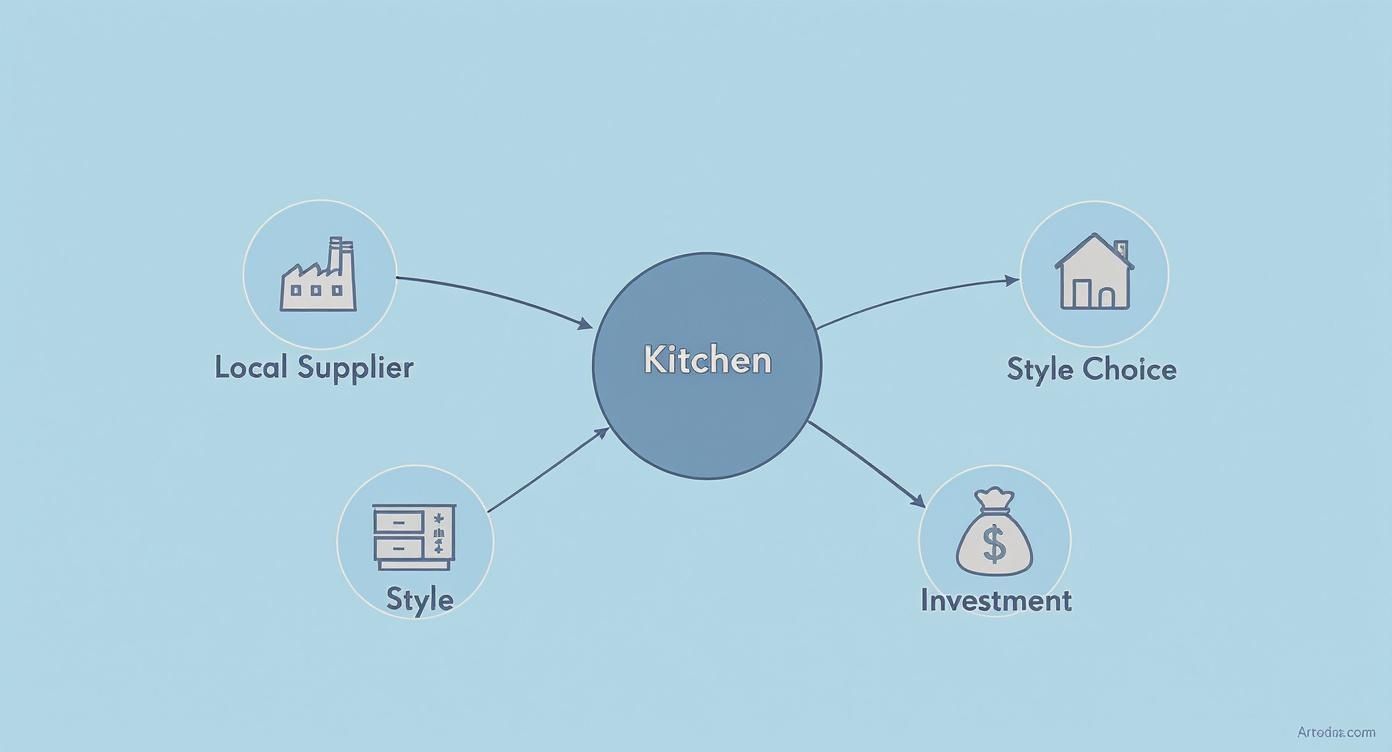 A diagram illustrating the key factors influencing a kitchen project: local supplier, style, style choice, and investment.