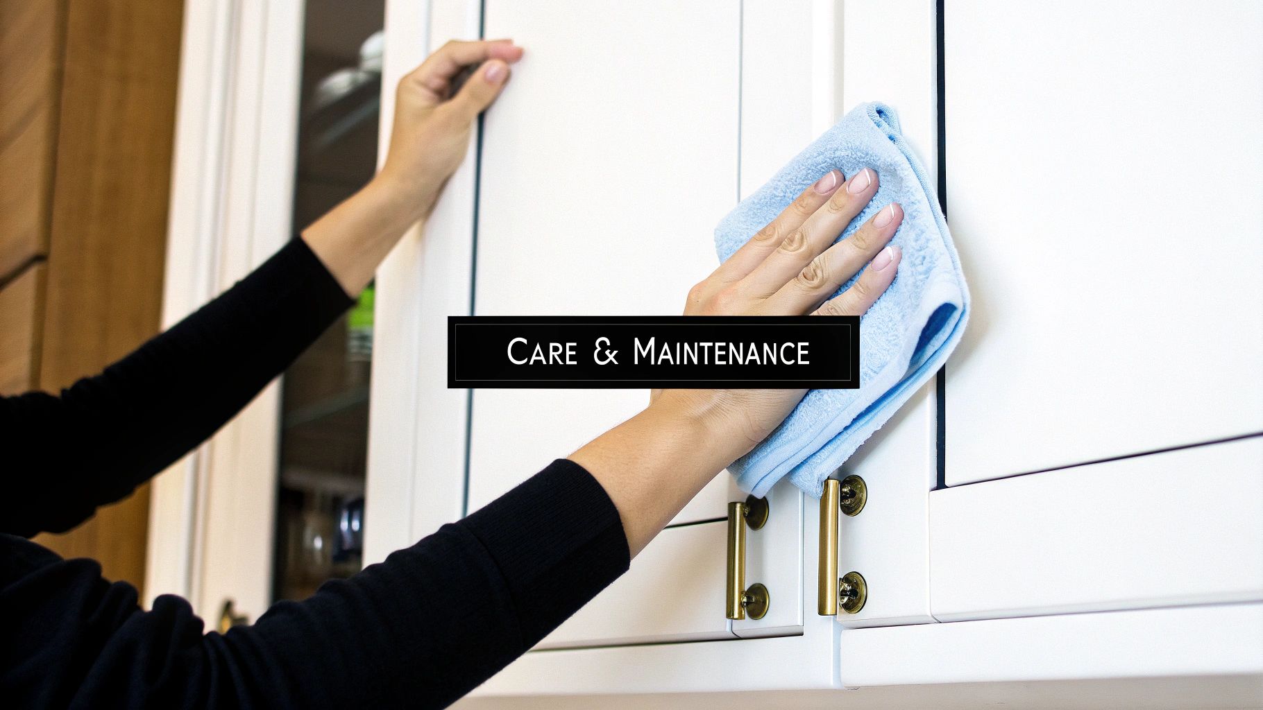 Person cleaning white kitchen cabinets with a blue cloth, emphasizing care and maintenance.