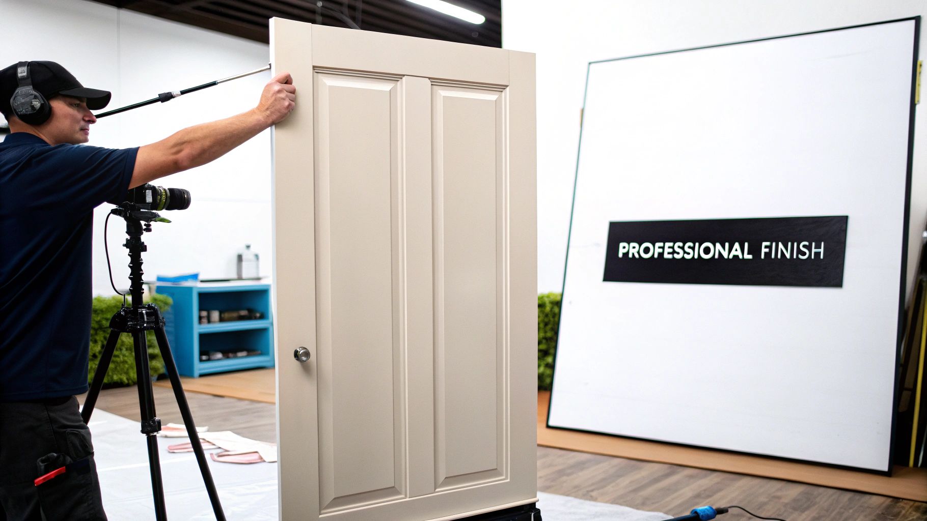 A technician films a paneled door with a boom mic and camera, displaying 'PROFESSIONAL FINISH'.