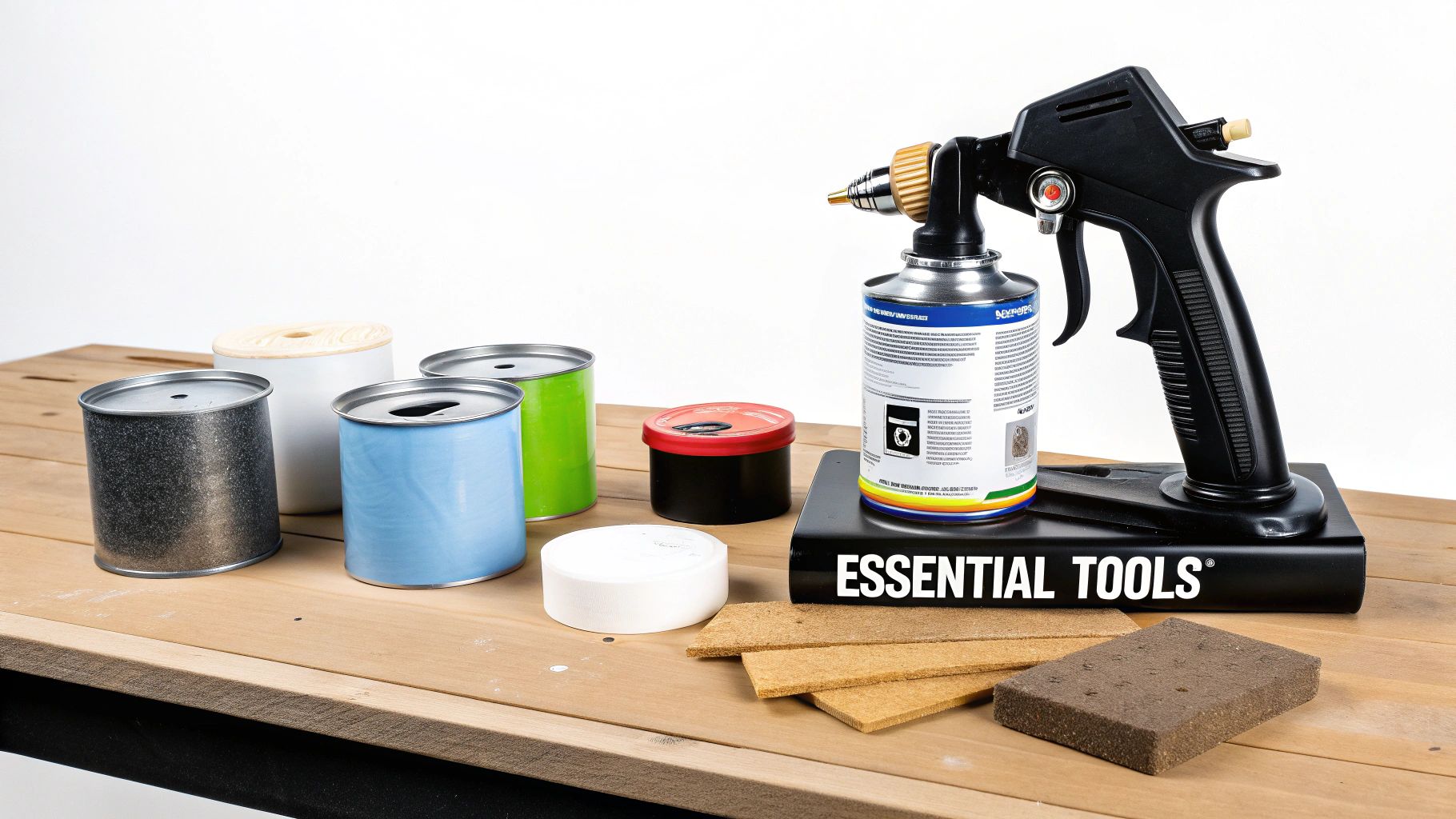A spray painting kit including a gun, paint cans, and sanding pads on a wooden table.