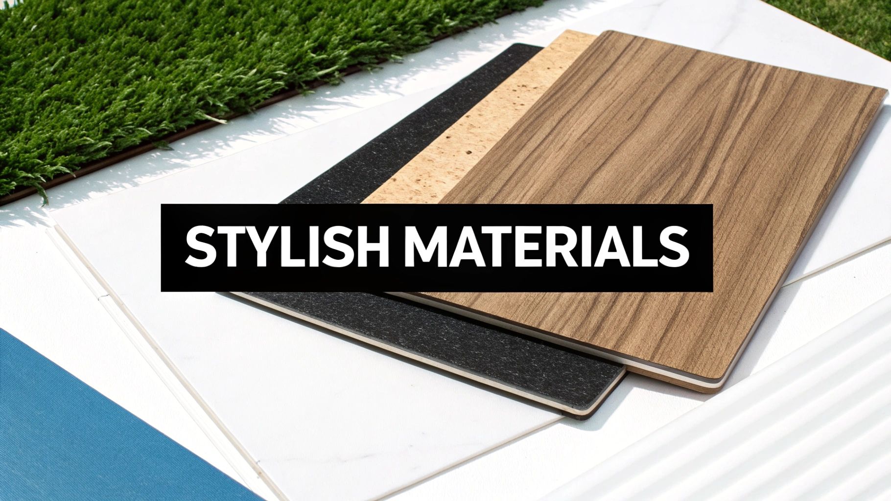 A diverse selection of stylish material samples including wood, cork, stone, and artificial grass.