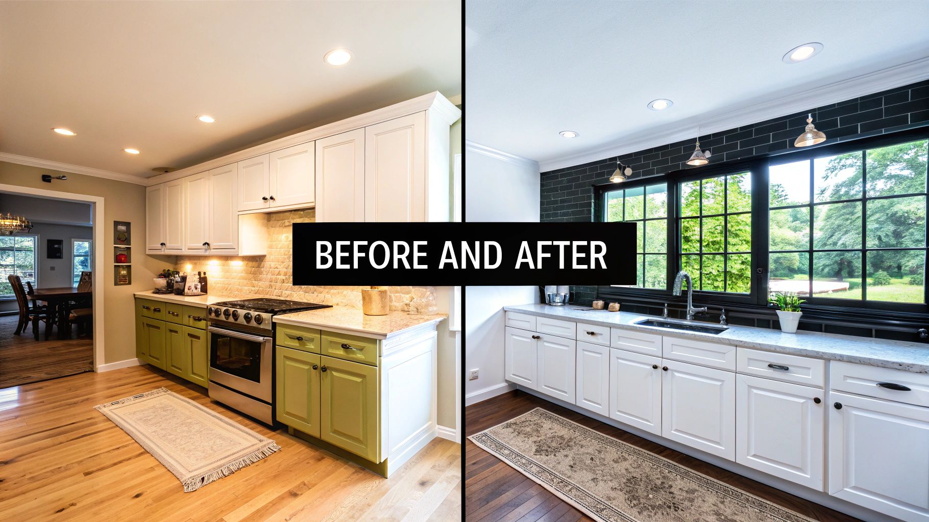 Before and after kitchen transformation showing white cabinets, dark backsplash, and new window.