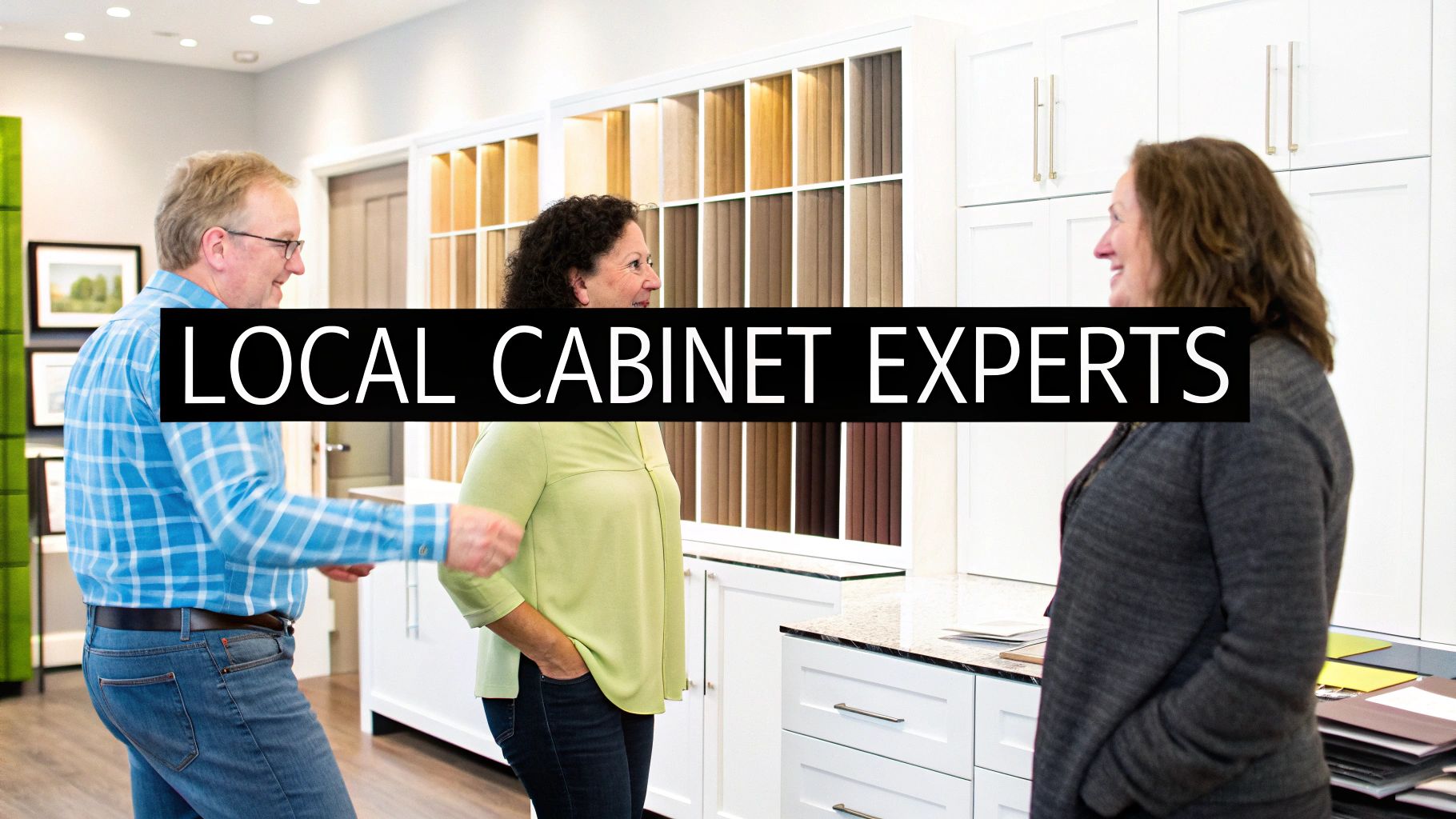 Three local cabinet experts consulting with customers in a bright showroom filled with cabinet samples.