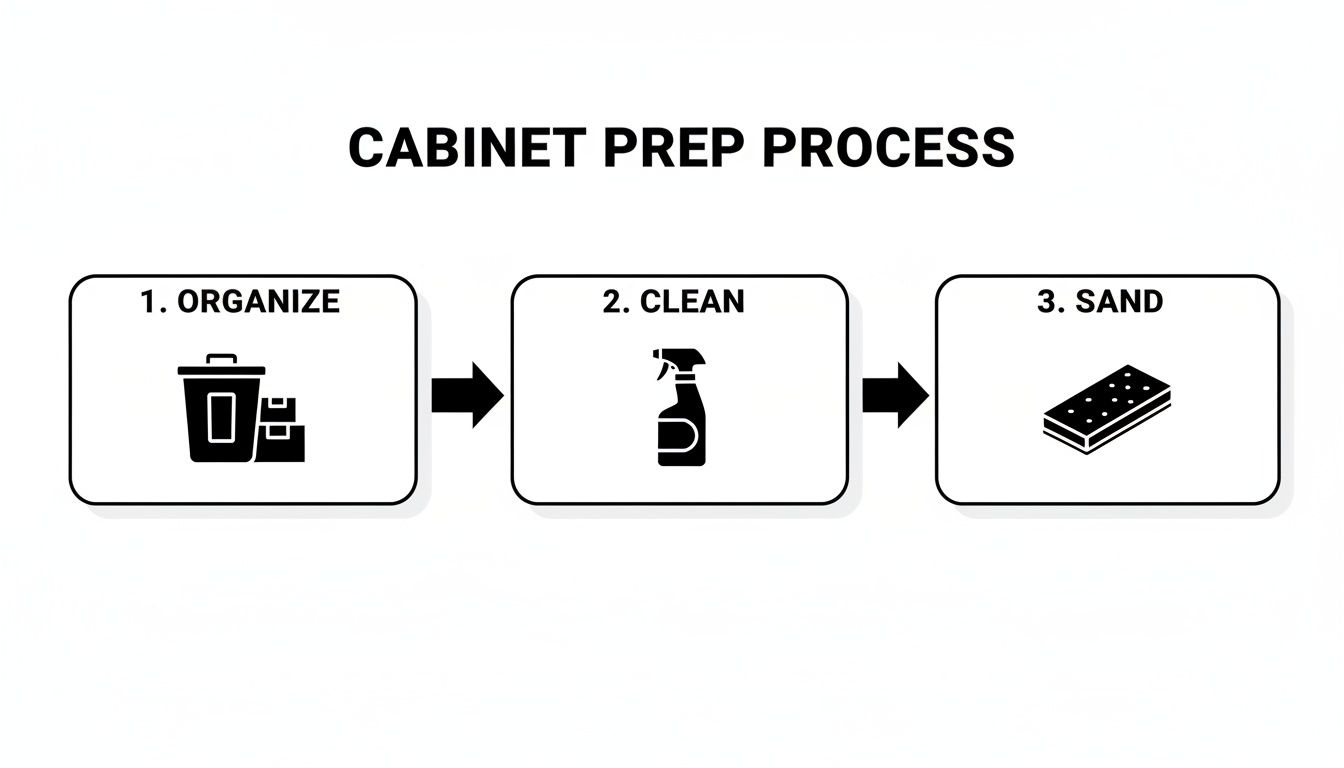A diagram illustrating the three-step cabinet preparation process: organize, clean, and sand with respective icons.