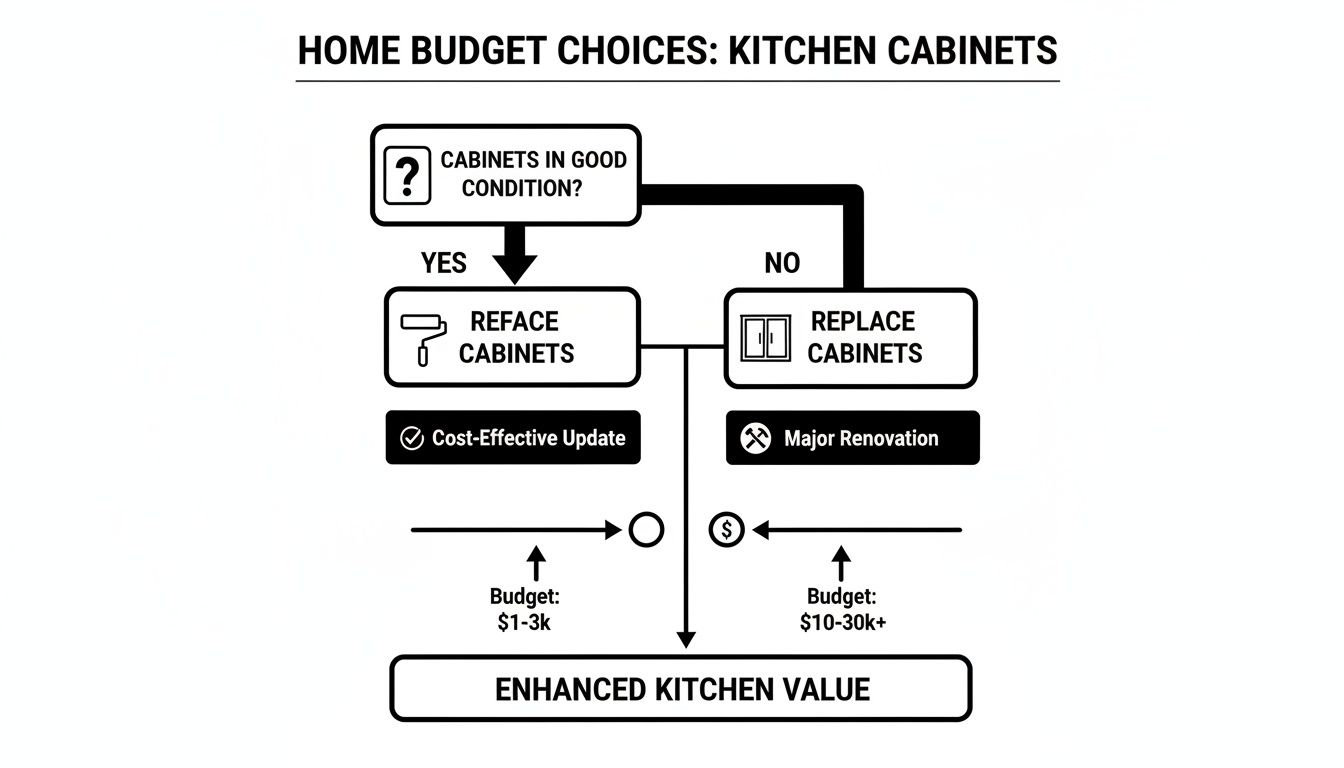 Flowchart on kitchen cabinet renovation decisions, including refacing or replacing based on condition and budget.
