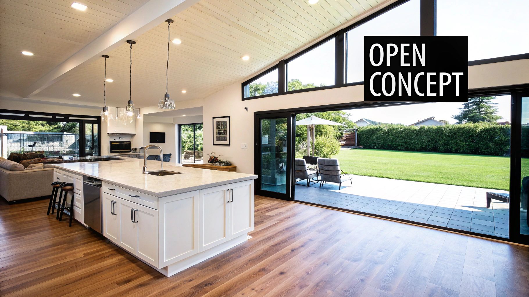 Bright, open-concept kitchen featuring a large island, wood floors, and backyard access.
