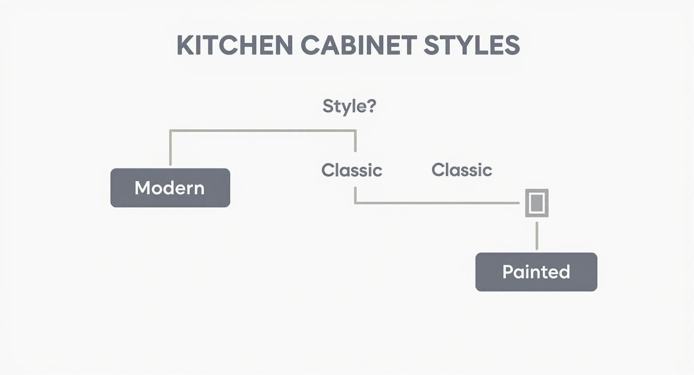 Infographic decision tree for choosing modern or classic kitchen cabinet styles.