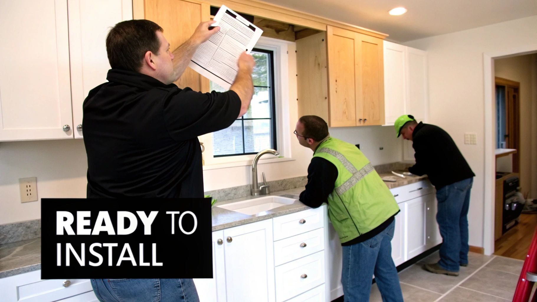 Professional installation team preparing kitchen cabinets with inspection checklist and safety equipment